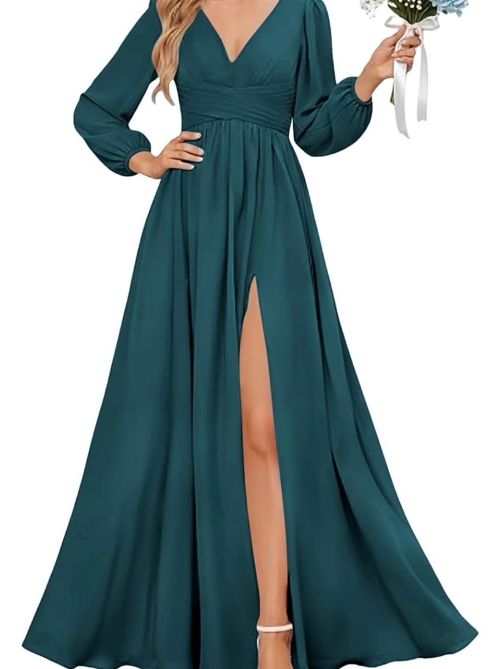 Elegant Teal V-Neck Long Sleeve Maxi Dress with Front Slit